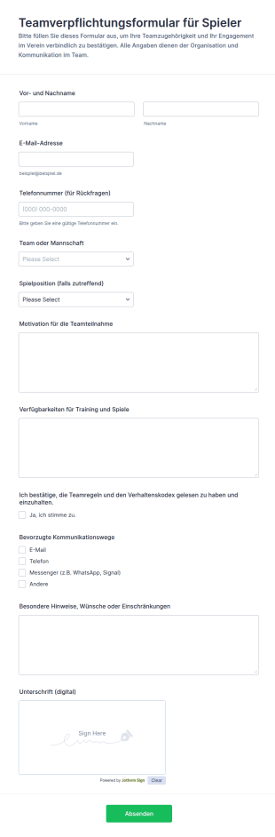 Mitarbeiter Teamverpflichtungsformular