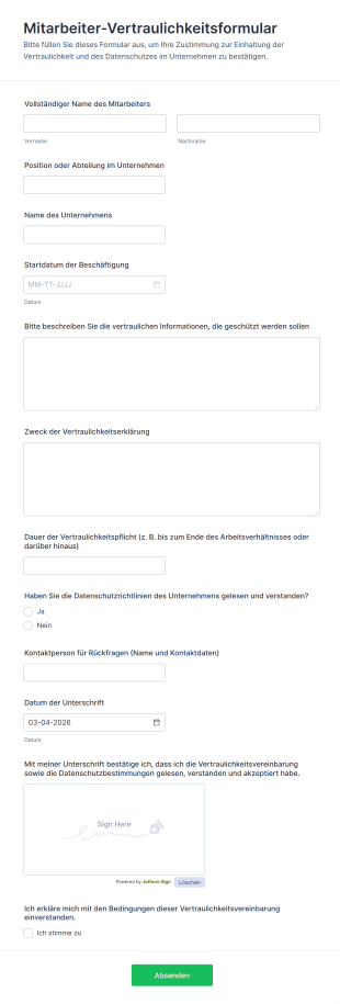 Mitarbeiter Vertraulichkeitsformular
