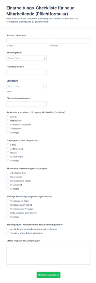 Mitarbeitereinweisung Checkliste Formular 🎓