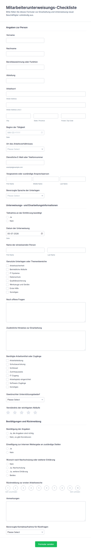 Mitarbeitereinweisung Formular