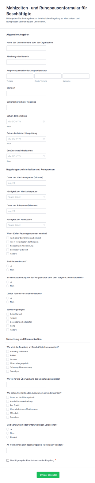 Formular Für Mahlzeiten Und Ruhepausenrichtlinie