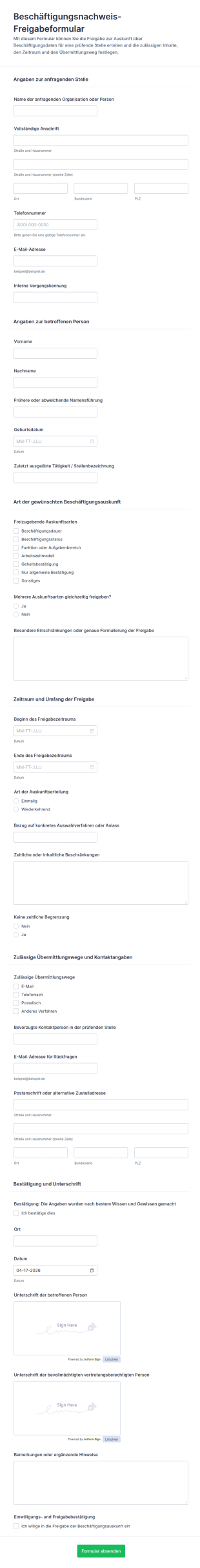 Mitarbeiternachweis Freigabeformular