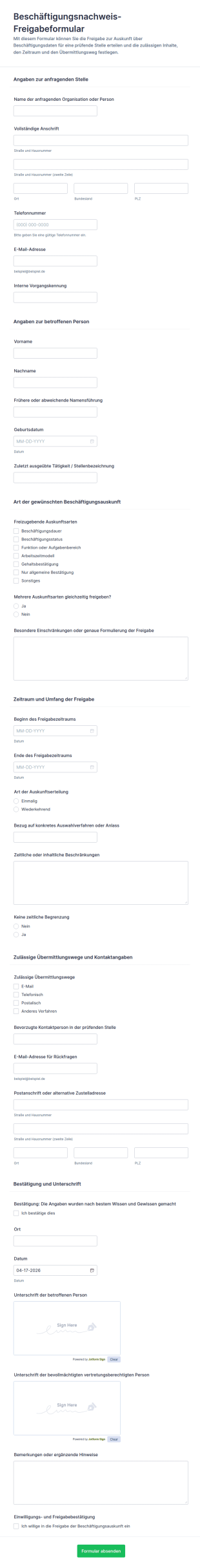Mitarbeiternachweis Freigabeformular