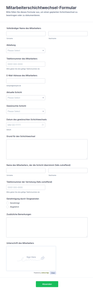 Mitarbeiterschichtwechsel Formular