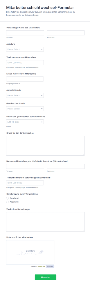 Mitarbeiterschichtwechsel Formular