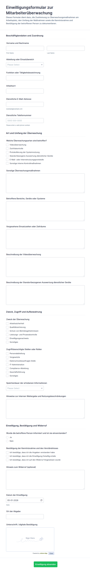 Mitarbeiterüberwachung Zustimmungserklärung Formular