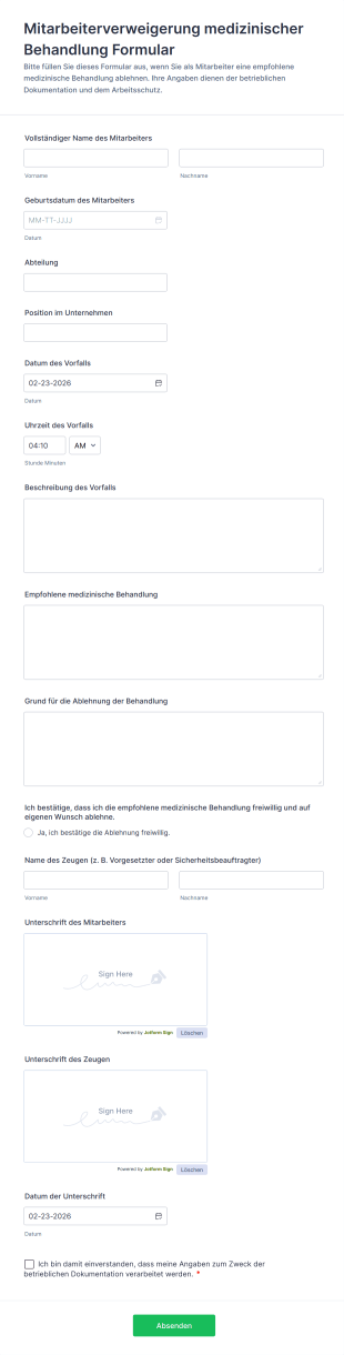 Mitarbeiterverweigerung Medizinischer Behandlung Formular