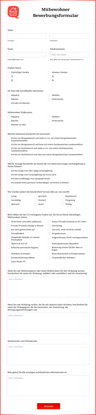 Mitbewohner Bewerbungsformular