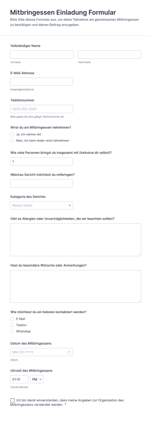 Mitbringessen Einladung Formular