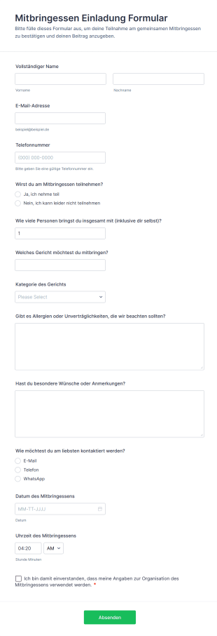 Mitbringessen Einladung Formular