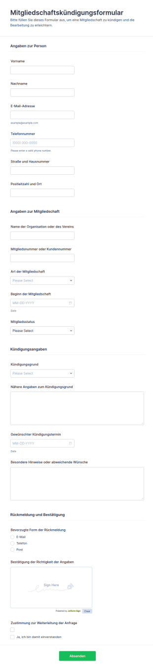 Mitgliedschaft Kündigen Formular