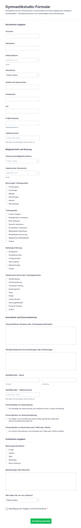 Mitgliedschafts Anmeldeformular Für Das Fitnessstudio