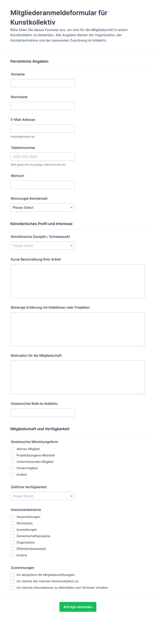 Mitgliedschaftsanfrage Für Kunstverein Form