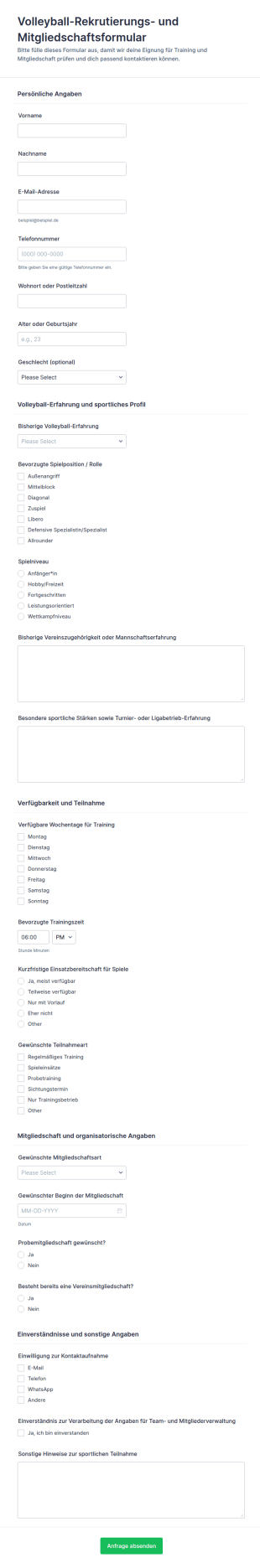 Mitgliedschaftsformular Für Volleyball Rekrutierung
