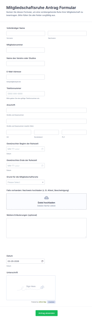 Mitgliedschaftsruhe Antrag Formular