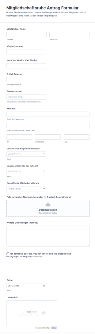 Mitgliedschaftsruhe Antrag Formular