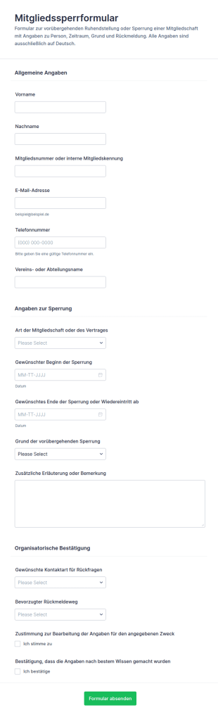 Mitgliedschaftssperrung Formular