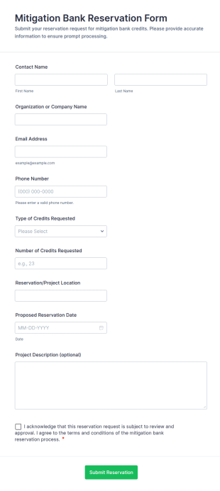 Mitigation Bank Reservation Form Template