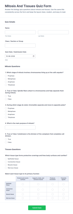 Mitosis And Tissues Quiz Form Template