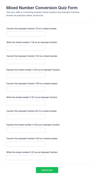 Mixed Number Conversion Quiz Form Template