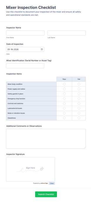 Mixer Inspection Checklist Form Template