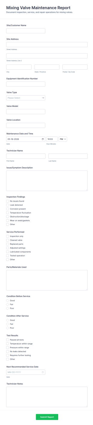 Mixing Valve Maintenance Report Form Template