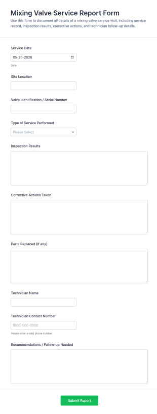 Mixing Valve Service Report Form Template