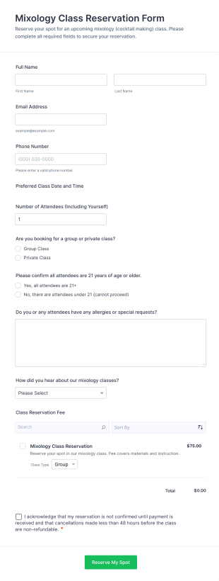 Mixology Class Reservation Form Template
