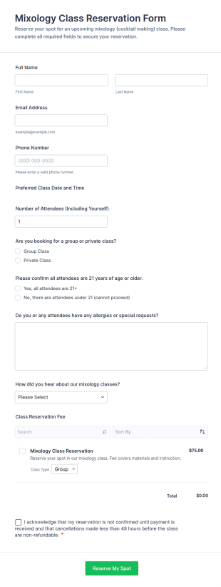 Mixology Class Reservation Form Template