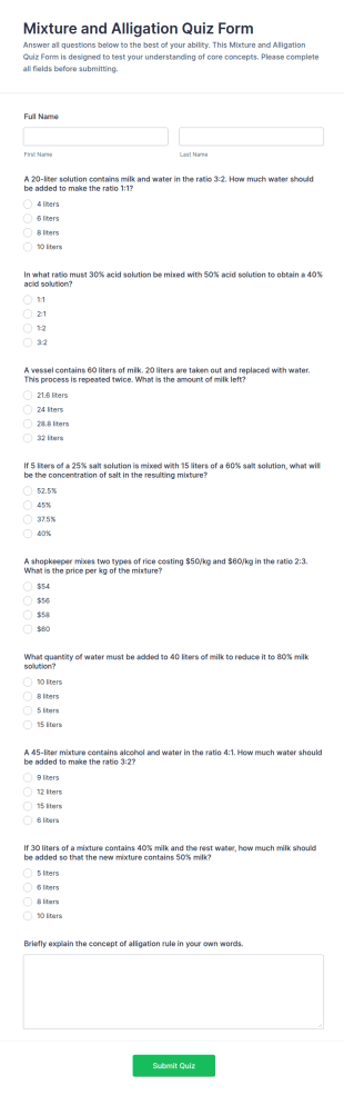 Mixture And Alligation Quiz Form Template