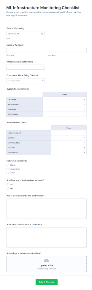 ML Infrastructure Monitoring Checklist Form Template
