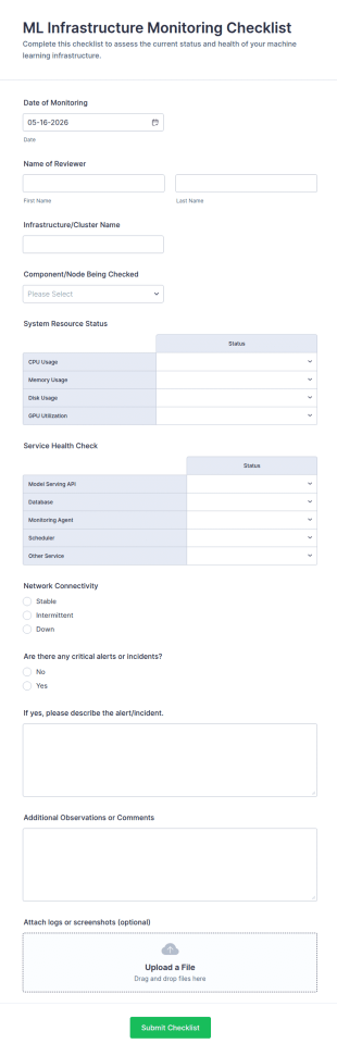 ML Infrastructure Monitoring Checklist Form Template