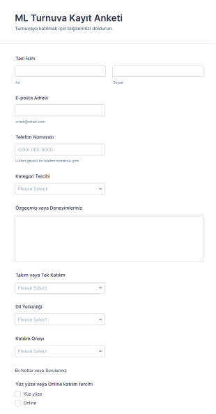 ML Turnuva Kayıt Anketi Form Şablonu