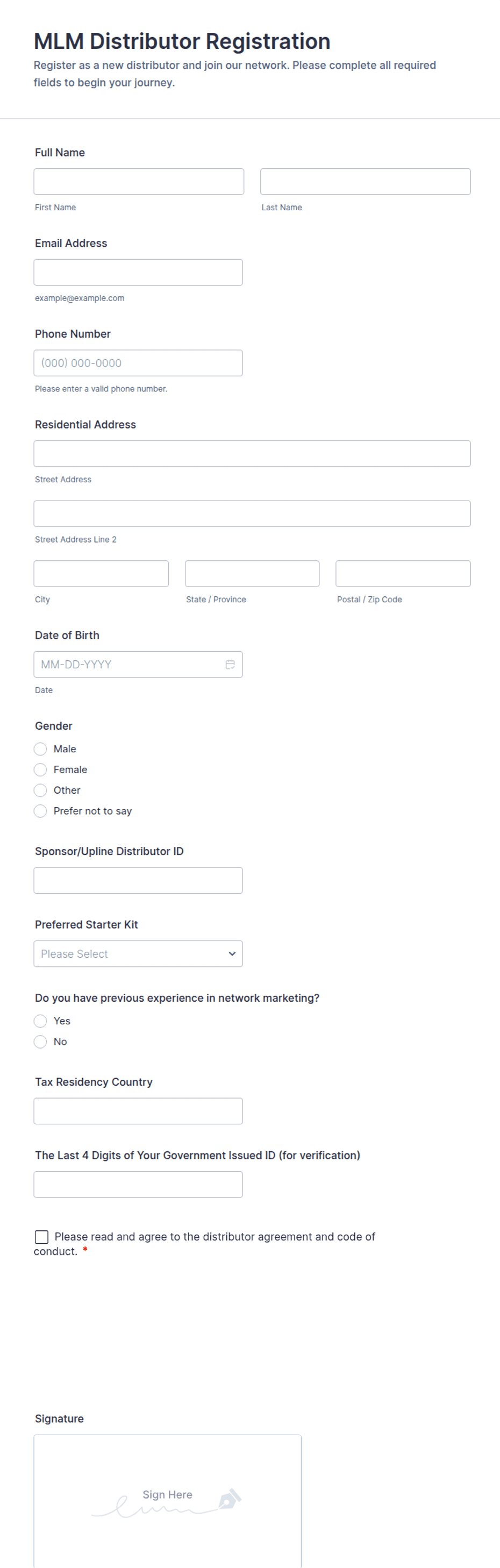 Mlm Form MLM Distributor Registration Form Template | Jotform