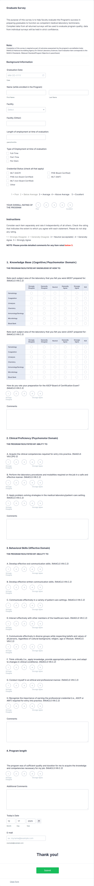 Medical Laboratory Technician Program Graduate Survey Form Template