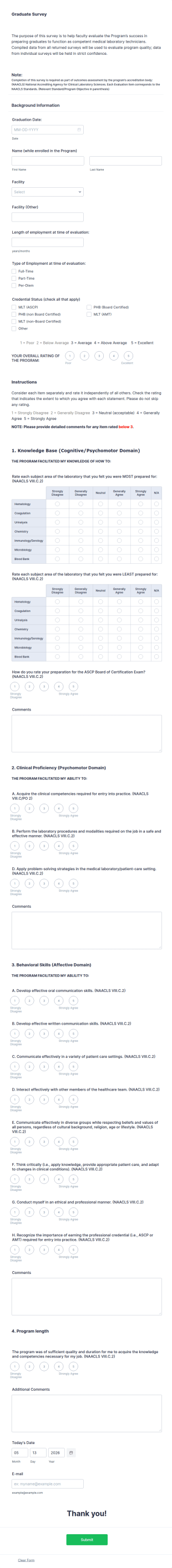 Medical Laboratory Technician Program Graduate Survey Form Template