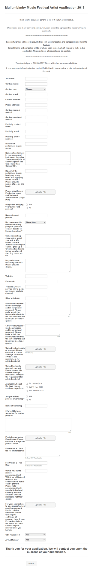 Artist Information Form Template