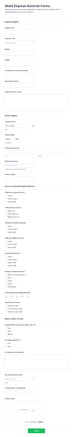 Mobil Ekipman Kontrol Form Şablonu