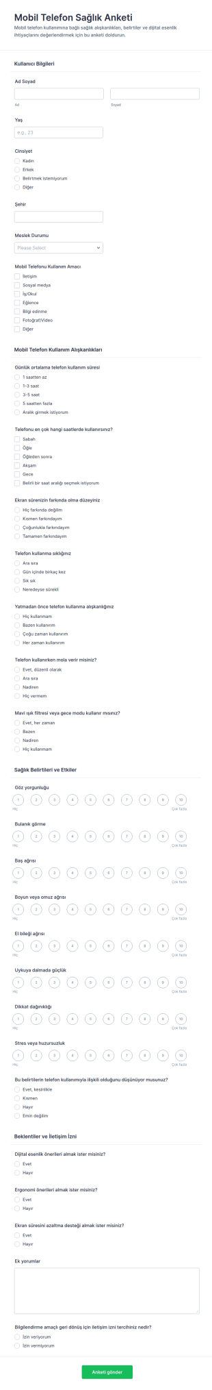 Mobil Sağlık Anketi Form Şablonu