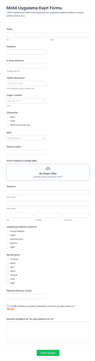Mobil Uygulama Kayıt Form Şablonu