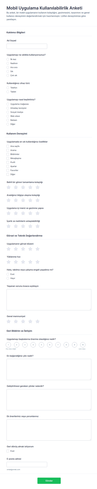 Mobil Uygulama Kullanılabilirlik Anketi Form Şablonu