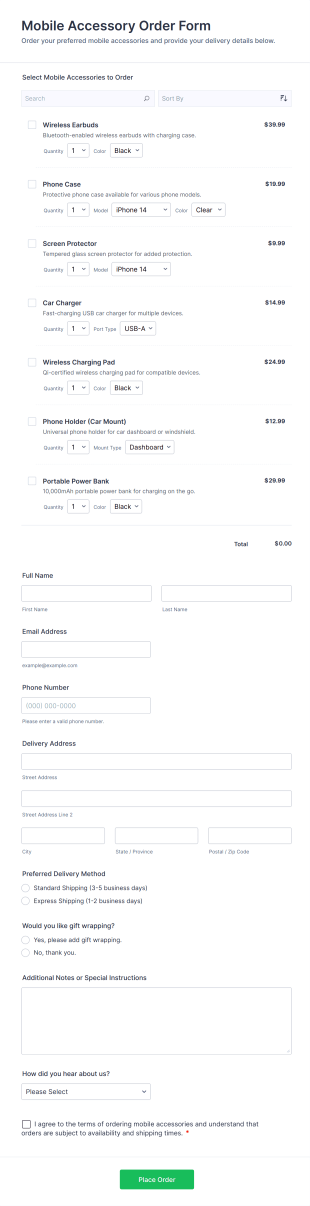 Mobile Accessory Order Form Template