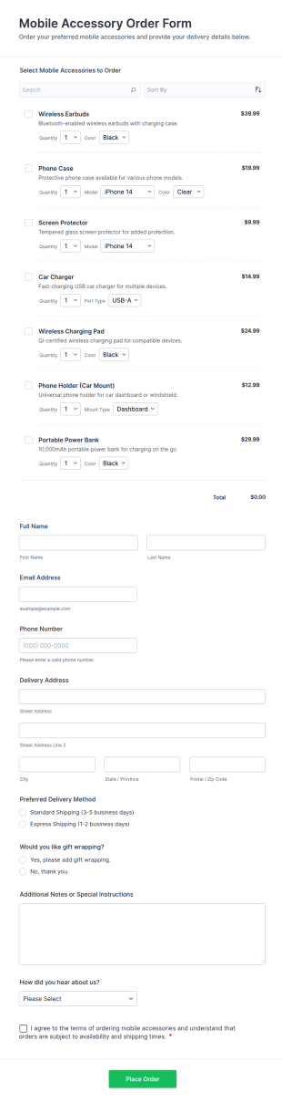 Mobile Accessory Order Form Template
