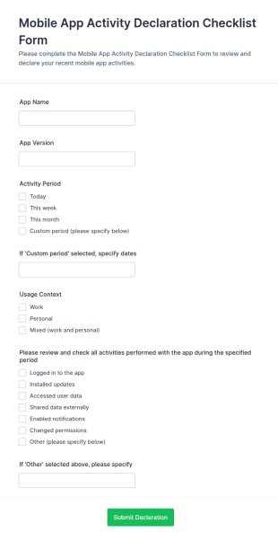 Mobile App Activity Declaration Form Template