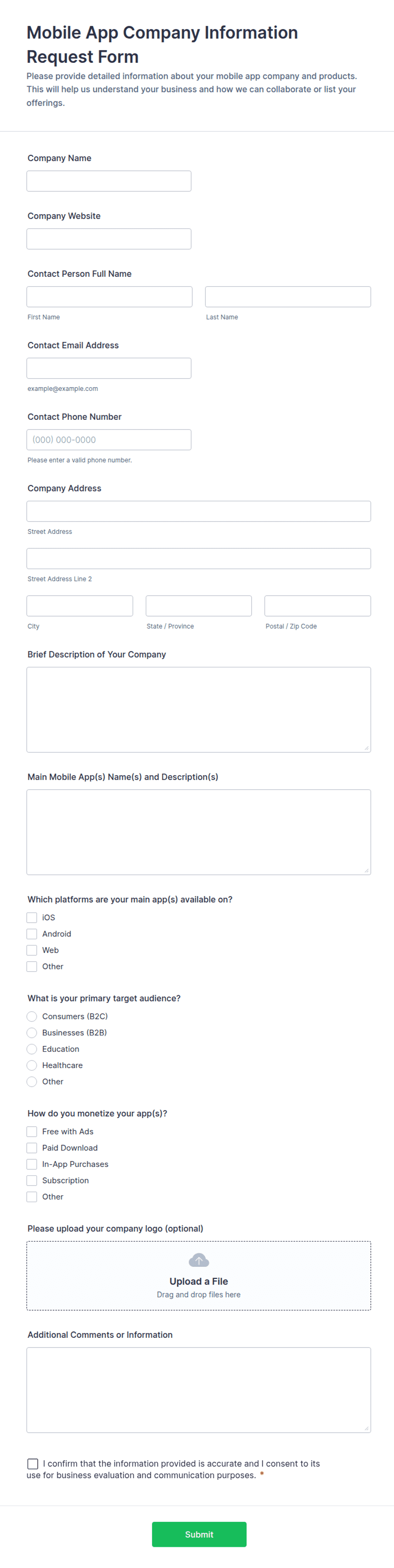 Mobile App Company Information Request Form Template | Jotform