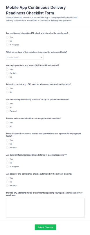 Mobile App Continuous Delivery Readiness Checklist Form Template