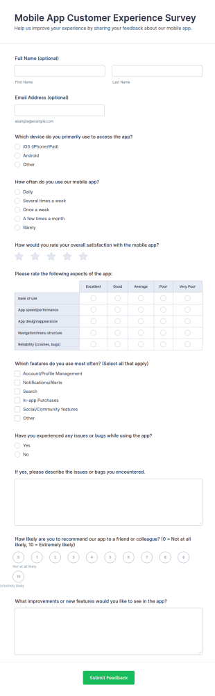 Mobile App Customer Experience Survey Form Template