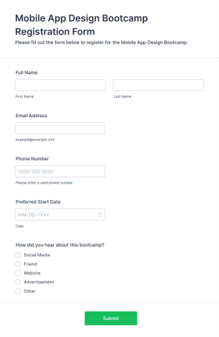 Mobile App Design Bootcamp Registration Form Form Template