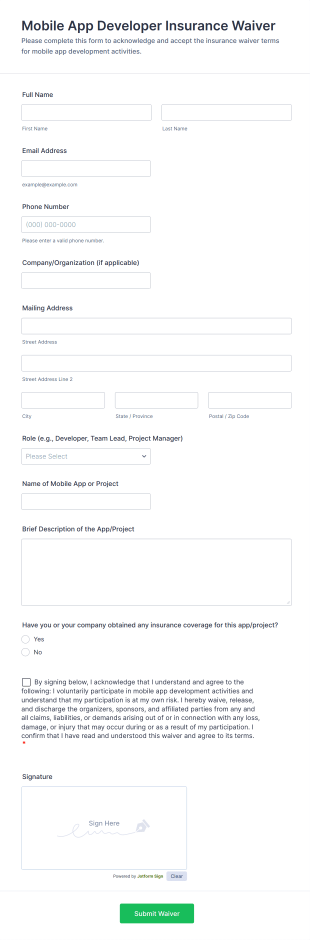 Mobile App Developer Insurance Waiver Form Template