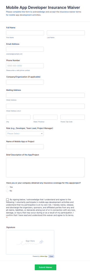 Mobile App Developer Insurance Waiver Form Template